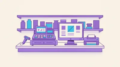 Ilustración de una caja registradora electrónica al lado de una mini PC con sistema de punto de venta en el mostrador de un kiosco