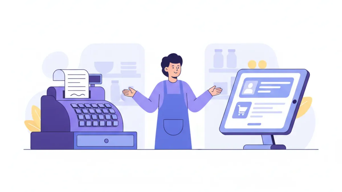 Ilustración comparando una caja registradora clásica y una tablet con un sistema de ventas