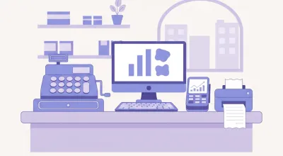 Ilustración comparativa de una caja registradora antigua junto a una PC con sistema de punto de venta y una impresora térmica de tickets