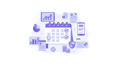 Calendario de vencimientos DGI Uruguay 2026 ilustrado con íconos fiscales en colores violeta y azul