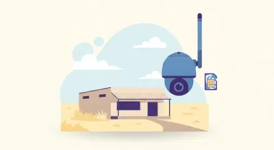 Ilustración de una cámara de seguridad con una antena y una tarjeta SIM, instalada en un local o depósito alejado sin conexión de internet fija
