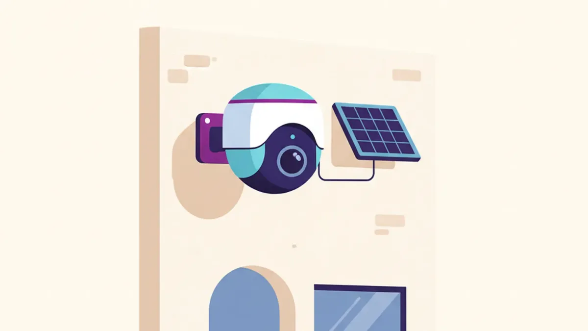 Ilustración de una cámara de seguridad a batería con un pequeño panel solar montado al lado, sobre la pared exterior de un local