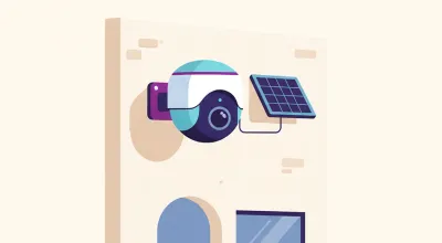 Ilustración de una cámara de seguridad a batería con un pequeño panel solar montado al lado, sobre la pared exterior de un local