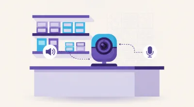 Ilustración de una cámara de seguridad de mostrador con un ícono de parlante y micrófono, representando el audio bidireccional