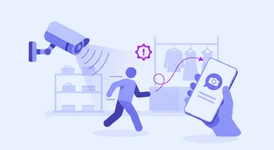 Ilustración de una cámara de seguridad de local detectando el movimiento de una persona y mandando una alerta a un celular