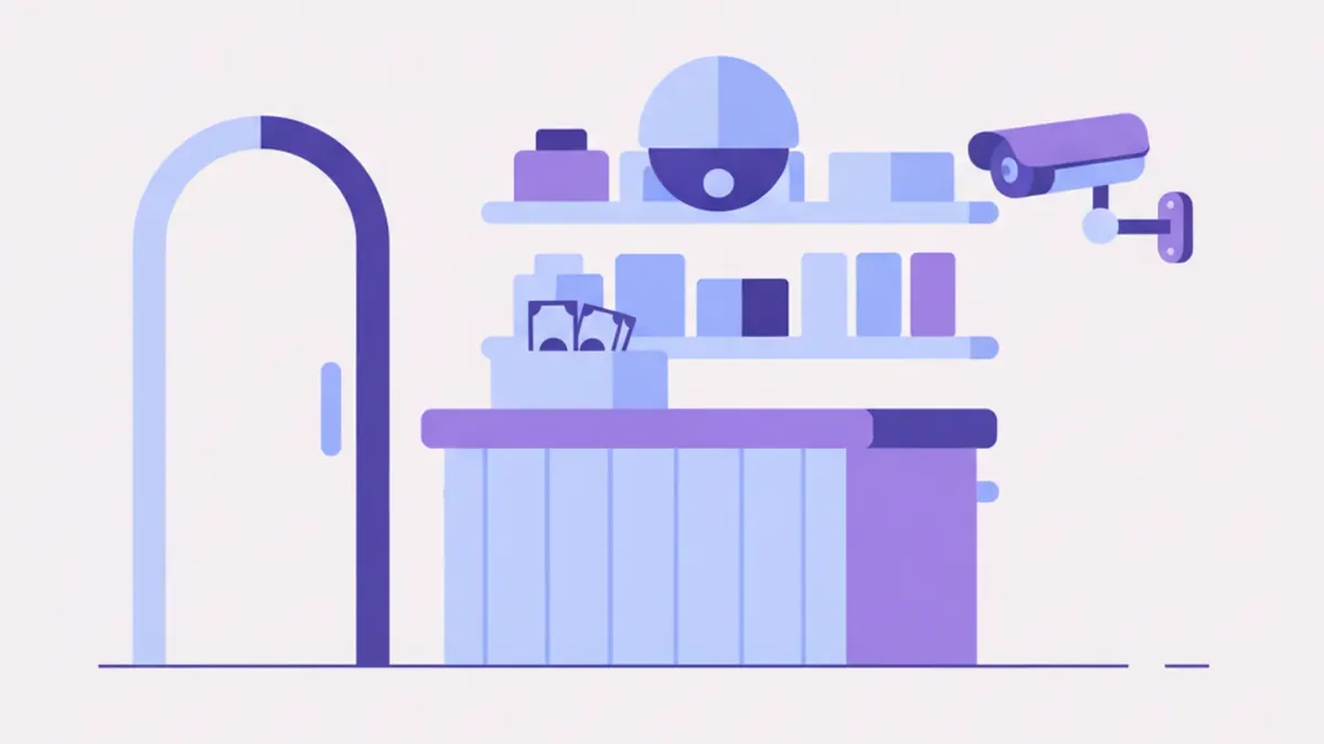 Ilustración de un mostrador de comercio con una cámara de seguridad interior sobre la caja y otra exterior apuntando a la puerta de entrada
