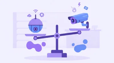Ilustración de dos cámaras de seguridad distintas sobre una balanza comparando qué factores suben el precio de cada una