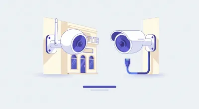 Ilustración comparativa de dos cámaras de seguridad en la pared de un local, una con antena Wi-Fi y otra conectada por un cable de red
