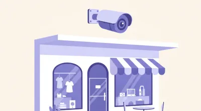 Ilustración de una cámara Imou exterior fija montada bajo el techo de un local, enfocando la entrada y la vereda