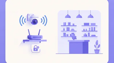 Ilustración de una cámara Imou montada en la pared de un comercio conectada por Wi-Fi a un router
