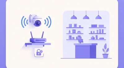 Ilustración de una cámara Imou montada en la pared de un comercio conectada por Wi-Fi a un router