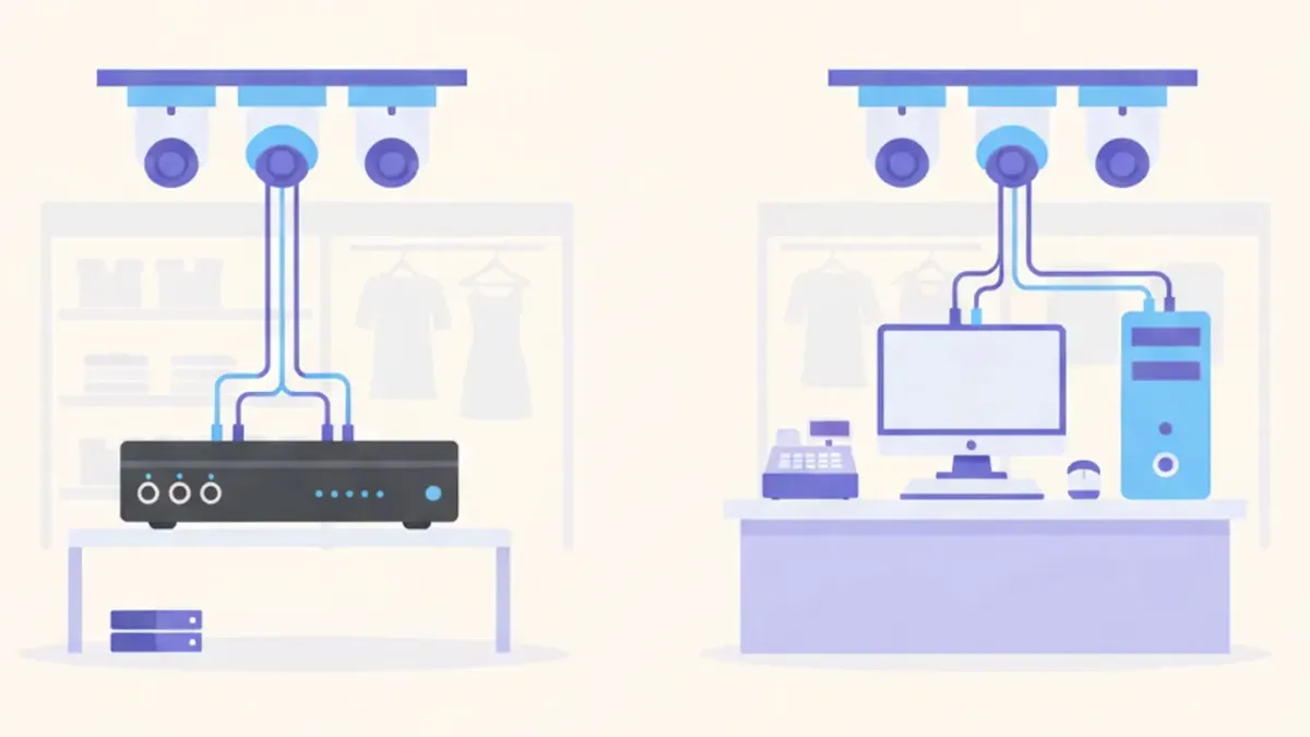 Ilustración de una cámara Tapo C200 giratoria sobre un estante de un negocio chico, conectada por Wi-Fi a un router