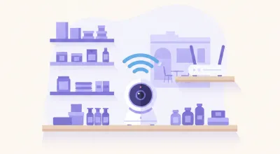 Ilustración de una cámara Tapo C200 giratoria sobre un estante de un negocio chico, conectada por Wi-Fi a un router