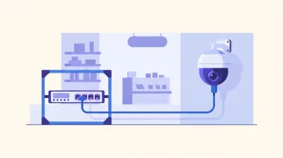 Ilustración de un switch PoE en un rack chico con un solo cable de red alimentando una cámara montada en la pared de un local