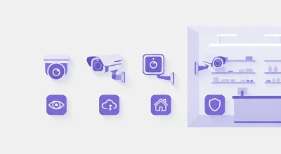 Ilustración de cinco cámaras de seguridad de distintas marcas montadas en la pared de un comercio, cada una con su propio ícono de app