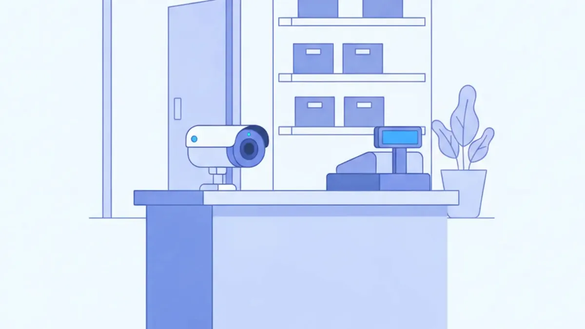Ilustración de una cámara EZVIZ fija montada en la fachada de un comercio, conectada por Wi-Fi al router del local