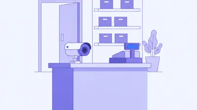 Ilustración de una cámara IP fija montada en el mostrador de un comercio enfocando la caja y la puerta de entrada