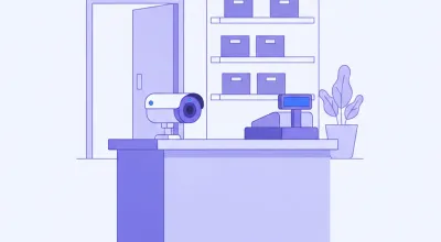 Ilustración de una cámara IP fija montada en el mostrador de un comercio enfocando la caja y la puerta de entrada