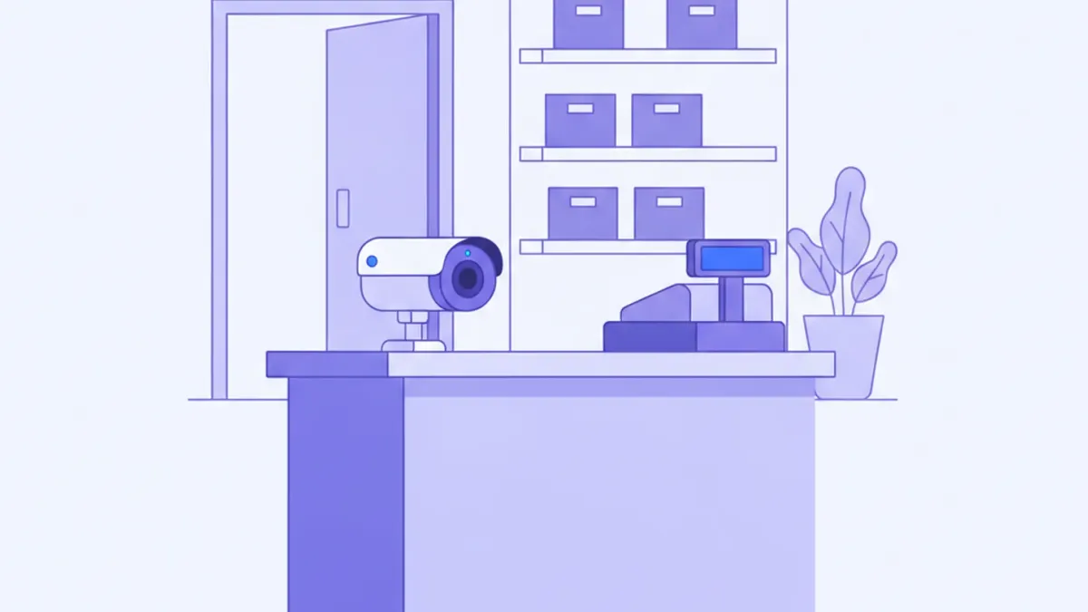 Ilustración de una cámara IP fija montada en el mostrador de un comercio enfocando la caja y la puerta de entrada