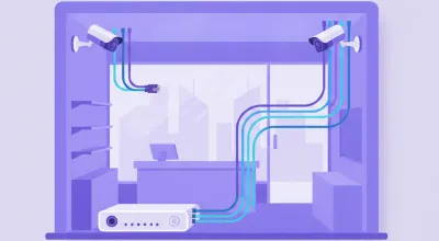 Ilustración de un switch PoE de escritorio con varios cables de red saliendo hacia cámaras Dahua y Hikvision montadas en las esquinas de un local