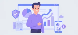 Ilustración vectorial de un empresario revisando gráficos de porcentajes de cargas sociales y costos laborales en una pantalla digital