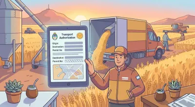 Camión cargando granos en un campo argentino con un dispositivo móvil mostrando una carta de porte electrónica