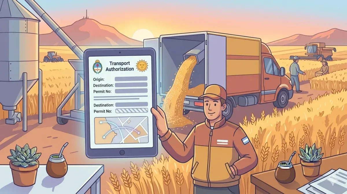 Camión cargando granos en un campo argentino con un dispositivo móvil mostrando una carta de porte electrónica