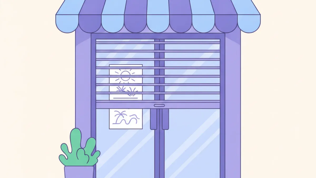 Ilustración de la puerta de un comercio con un cartel de cerrado por vacaciones pegado en la vidriera y las persianas bajas