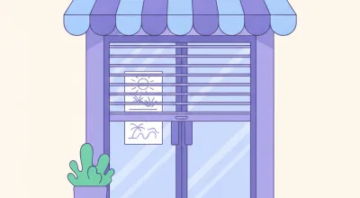 Ilustración de la puerta de un comercio con un cartel de cerrado por vacaciones pegado en la vidriera y las persianas bajas