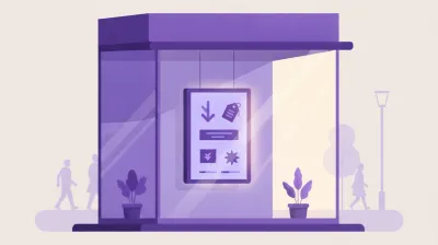 Ilustración de una pantalla vertical instalada del lado de adentro de la vidriera de un local, mostrando ofertas visibles desde la vereda con sol de frente