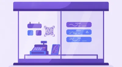 Ilustración de la vidriera de un comercio con carteles de tarjetas aceptadas, código QR de pago y precios exhibidos junto a la caja