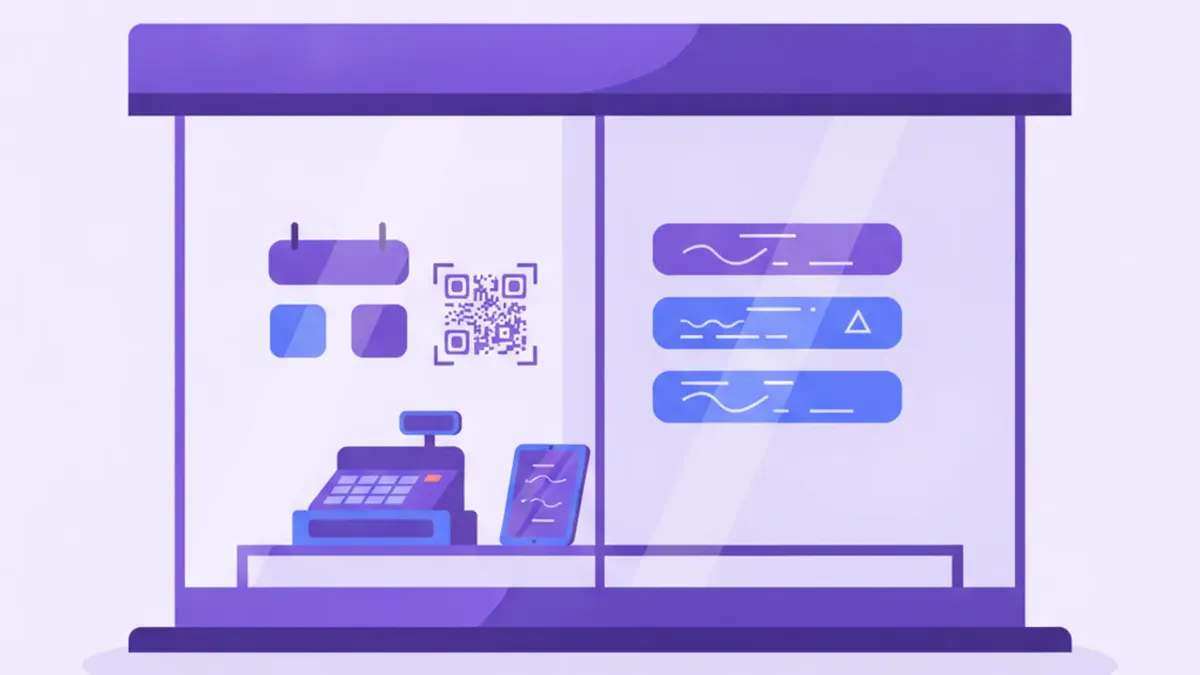 Ilustración de la vidriera de un comercio con carteles de tarjetas aceptadas, código QR de pago y precios exhibidos junto a la caja