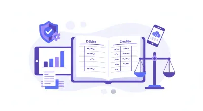 Ilustración vectorial del catálogo de cuentas y balanza de comprobación SAT con íconos de contabilidad en tonos violeta y azul