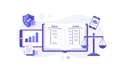 Ilustración vectorial del catálogo de cuentas y balanza de comprobación SAT con íconos de contabilidad en tonos violeta y azul