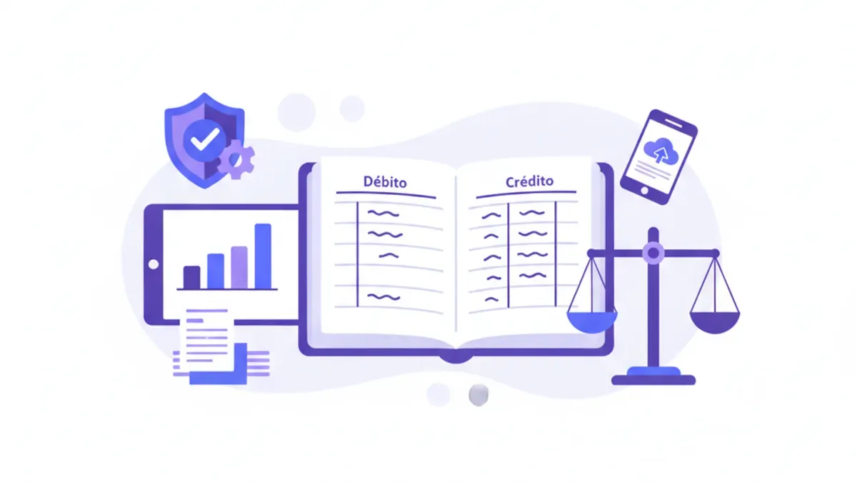 Ilustración vectorial del catálogo de cuentas y balanza de comprobación SAT con íconos de contabilidad en tonos violeta y azul