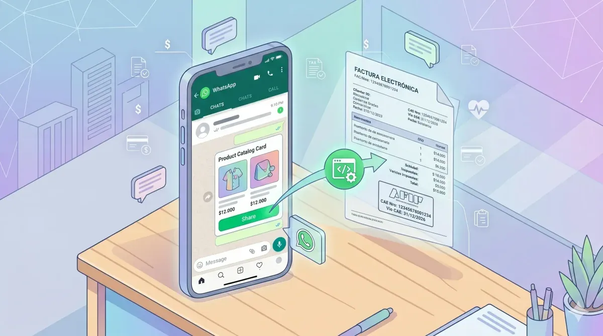 Chat de WhatsApp con tarjeta de producto incrustada y flecha que conecta a una factura electrónica generada automáticamente
