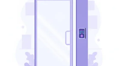 Ilustración de una puerta de comercio con un electroimán en el marco superior y un teclado de cerradura inteligente junto a la manija