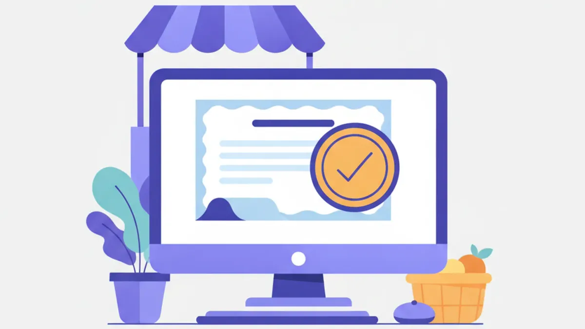 Ilustración de un certificado con un sello de aprobado sobre una computadora
