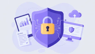 Ilustración flat del Certificado de Sello Digital del SAT de México, representado como un escudo digital con candado sobre un documento XML, en tonos violeta y azul