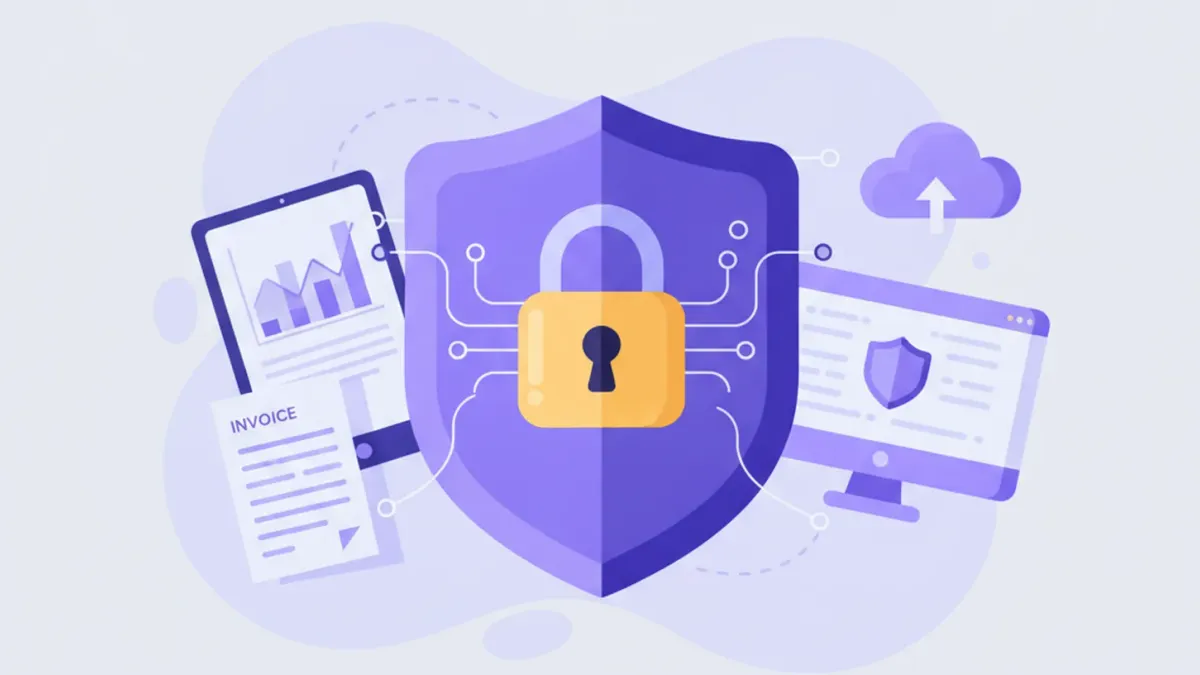 Ilustración flat del Certificado de Sello Digital del SAT de México, representado como un escudo digital con candado sobre un documento XML, en tonos violeta y azul