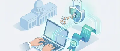 Ilustración de una persona operando desde una notebook con un documento electrónico certificado, un candado con llave y el edificio del banco de fondo