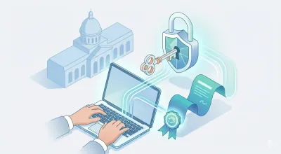 Ilustración de una persona operando desde una notebook con un documento electrónico certificado, un candado con llave y el edificio del banco de fondo