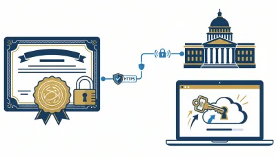 Ilustración de un certificado con sello y candado conectado por HTTPS al edificio del organismo fiscal y a una notebook con una llave de acceso