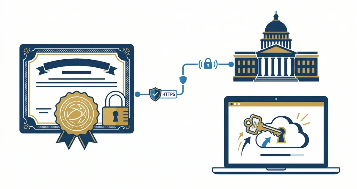 Ilustración de un certificado con sello y candado conectado por HTTPS al edificio del organismo fiscal y a una notebook con una llave de acceso