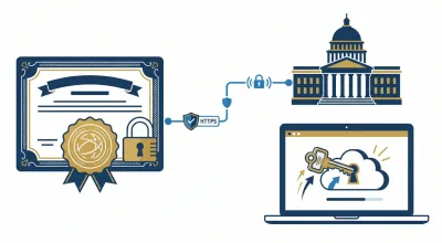 Ilustración de un certificado con sello y candado conectado por HTTPS al edificio del organismo fiscal y a una notebook con una llave de acceso