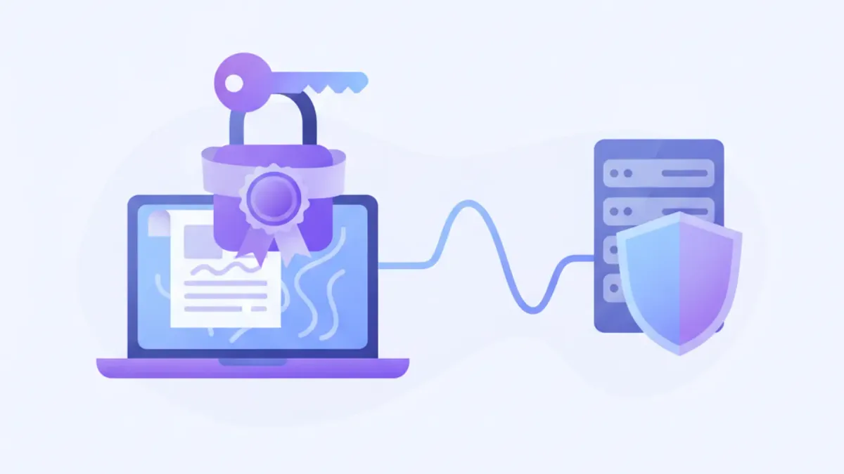 Ilustración de una llave digital y un candado que firman un documento electrónico en una computadora