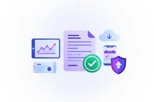 Ilustración vectorial de un certificado digital oficial con escudo institucional y marca de verificación, sobre fondo violeta y azul, estilo flat design