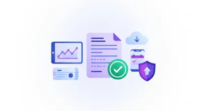 Ilustración vectorial de un certificado digital oficial con escudo institucional y marca de verificación, sobre fondo violeta y azul, estilo flat design