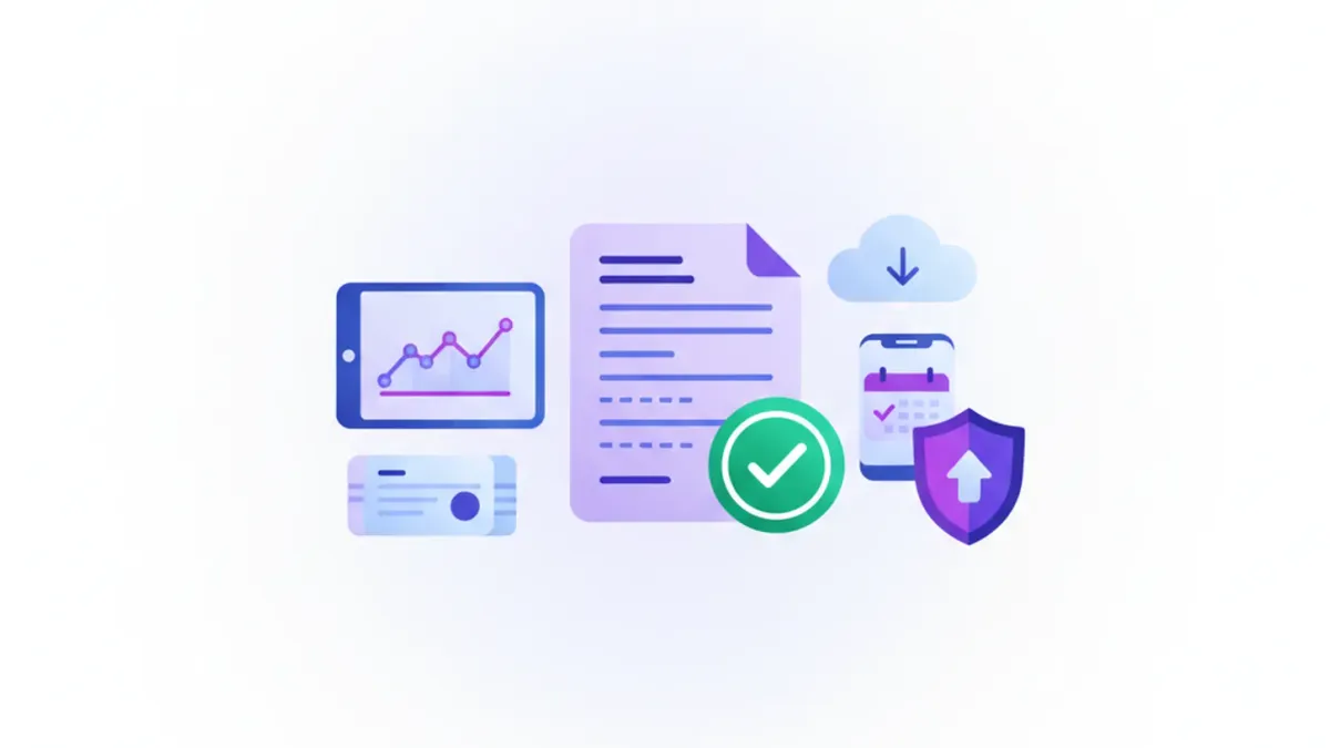 Ilustración vectorial de un certificado digital oficial con escudo institucional y marca de verificación, sobre fondo violeta y azul, estilo flat design