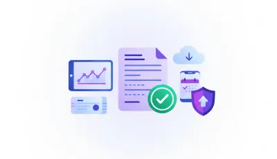 Ilustración vectorial de un certificado digital oficial con escudo institucional y marca de verificación, sobre fondo violeta y azul, estilo flat design